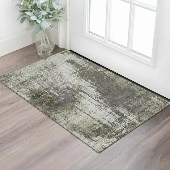 Taupe Green And Gray Abstract Washable Area Rug With UV Protection Photo 1
