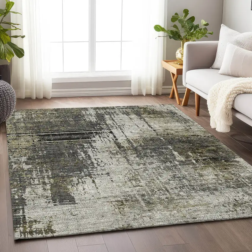 Taupe Green And Gray Abstract Washable Area Rug With UV Protection Photo 6