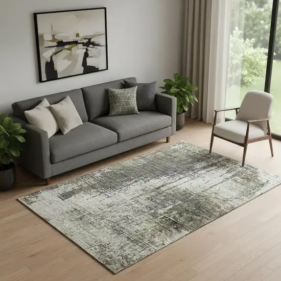 Taupe Green And Gray Abstract Washable Area Rug With UV Protection Photo 1