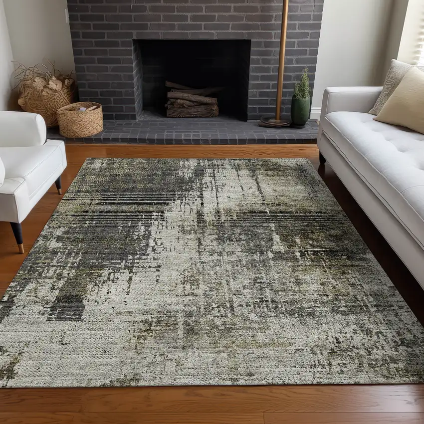 Taupe Green And Gray Abstract Washable Area Rug With UV Protection Photo 5