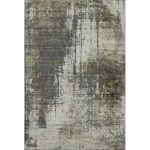 Photo of Taupe Green And Gray Abstract Washable Area Rug With UV Protection