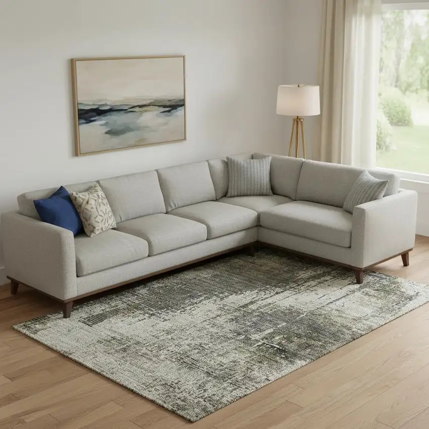 Taupe Green And Gray Abstract Washable Area Rug With UV Protection Photo 1