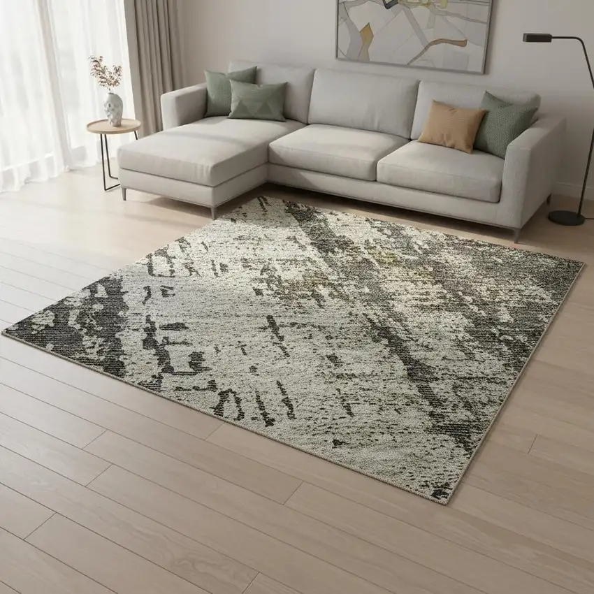 Taupe Green And Gray Abstract Washable Area Rug With UV Protection Photo 2