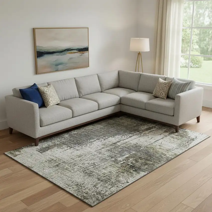 Taupe Green And Gray Abstract Washable Area Rug With UV Protection Photo 1