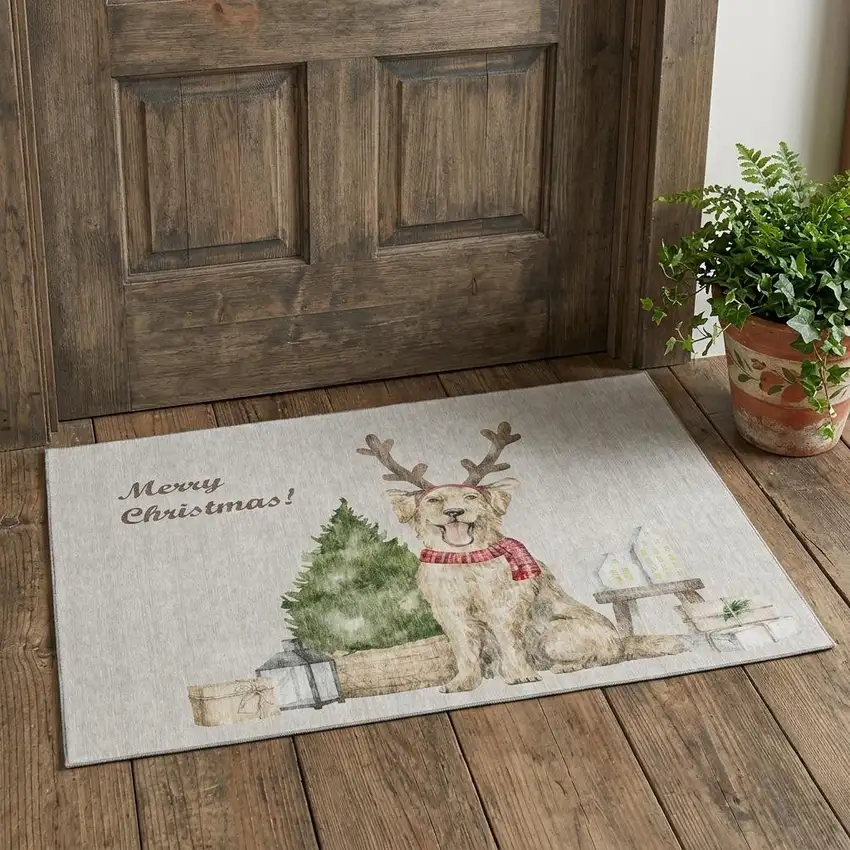 Taupe Green And Gray Christmas Dog Washable Area Rug With UV Protection Photo 1