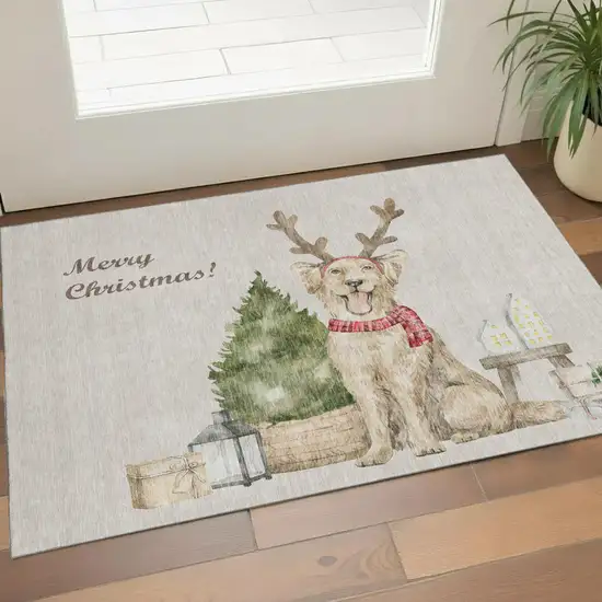 Taupe Green And Gray Animal Print Washable Area Rug With UV Protection Photo 1