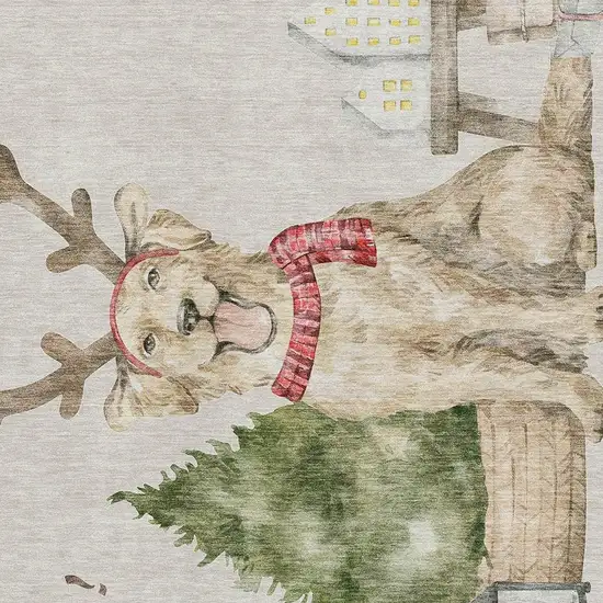 Taupe Green And Gray Christmas Dogs Distressed Washable Area Rug With UV Protection Photo 4