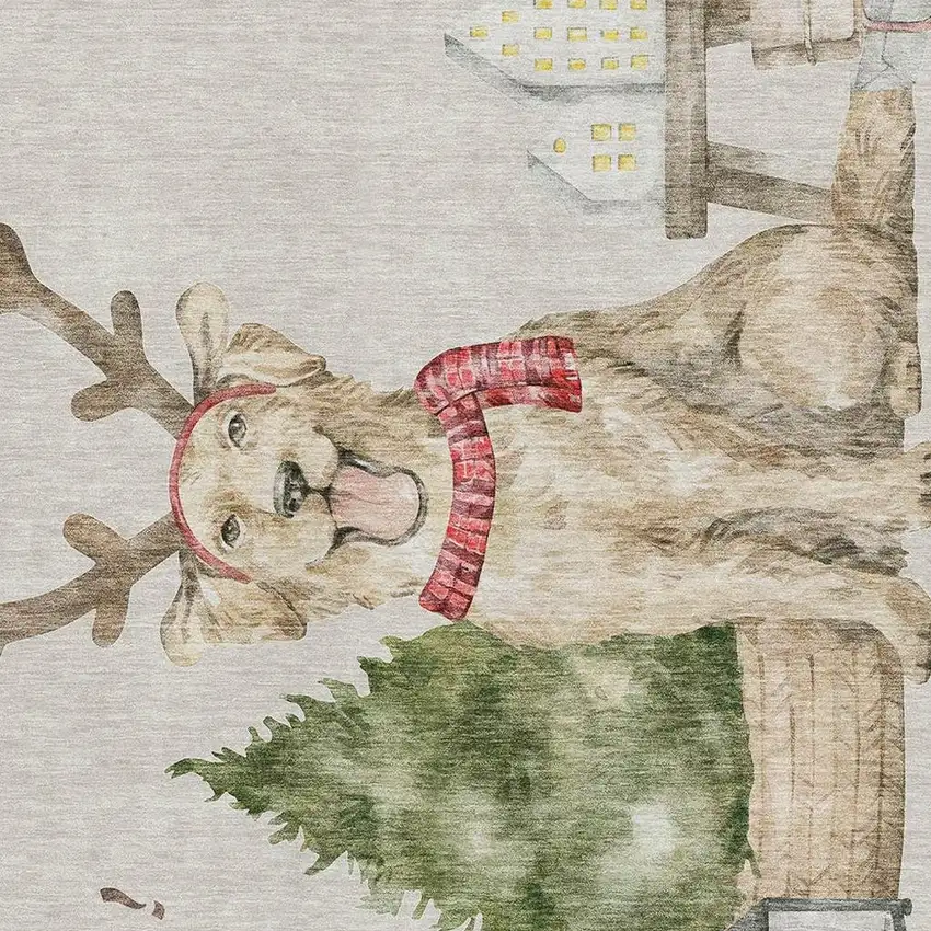 Taupe Green And Gray Christmas Dogs Distressed Washable Area Rug With UV Protection Photo 4