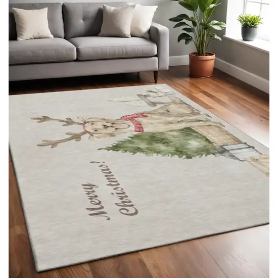 Taupe Green And Gray Animal Print Washable Area Rug With UV Protection Photo 1