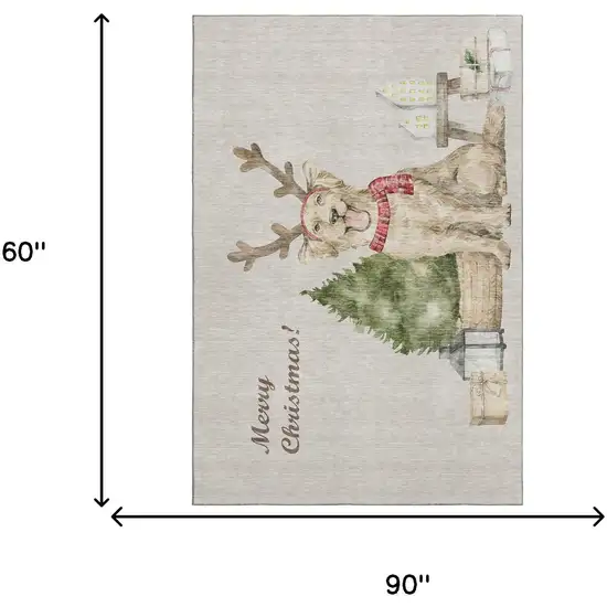 Taupe Green And Gray Christmas Dogs Distressed Washable Area Rug With UV Protection Photo 3