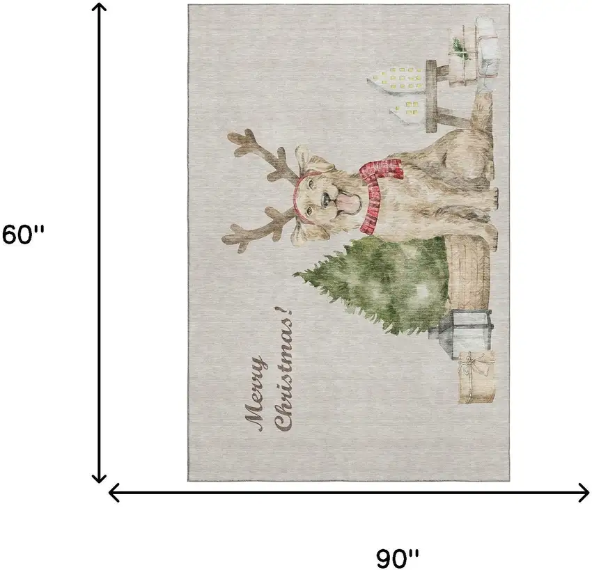 Taupe Green And Gray Christmas Dogs Distressed Washable Area Rug With UV Protection Photo 3