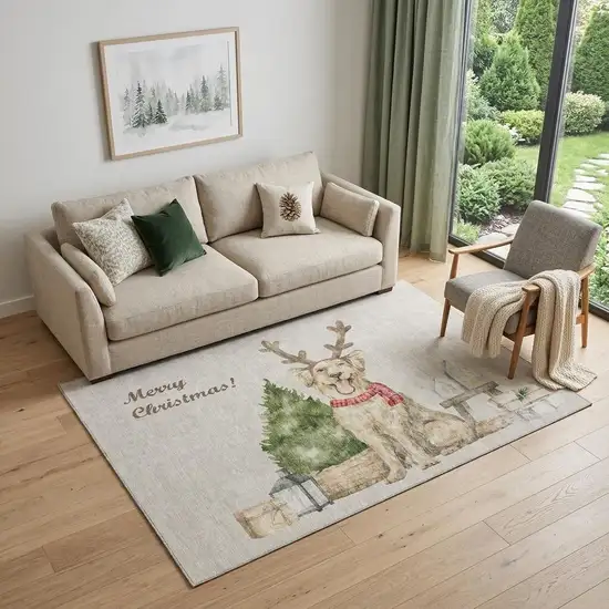 Taupe Green And Gray Christmas Dogs Distressed Washable Area Rug With UV Protection Photo 1