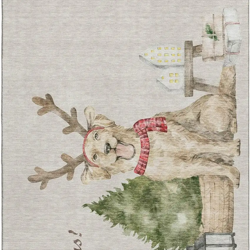 Taupe Green And Gray Animal Print Washable Area Rug With UV Protection Photo 5