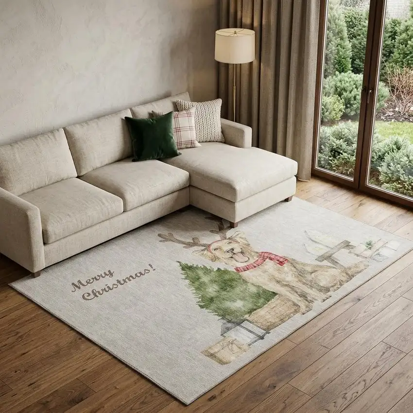 Taupe Green And Gray Christmas Dog Washable Area Rug With UV Protection Photo 1