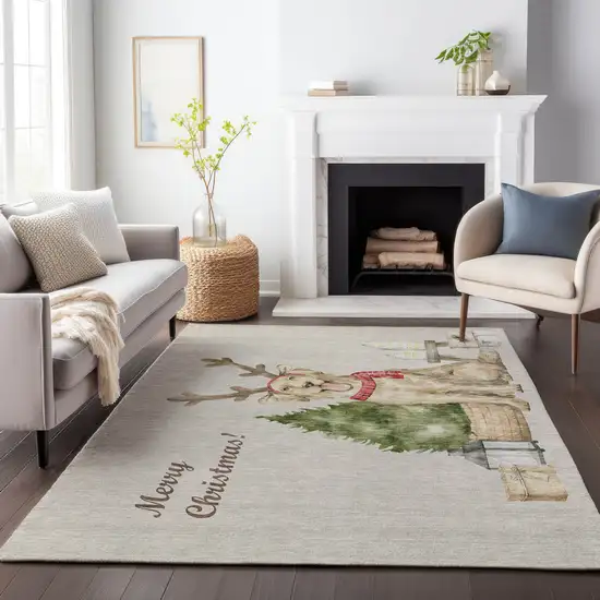 Taupe Green And Gray Animal Print Washable Area Rug With UV Protection Photo 8