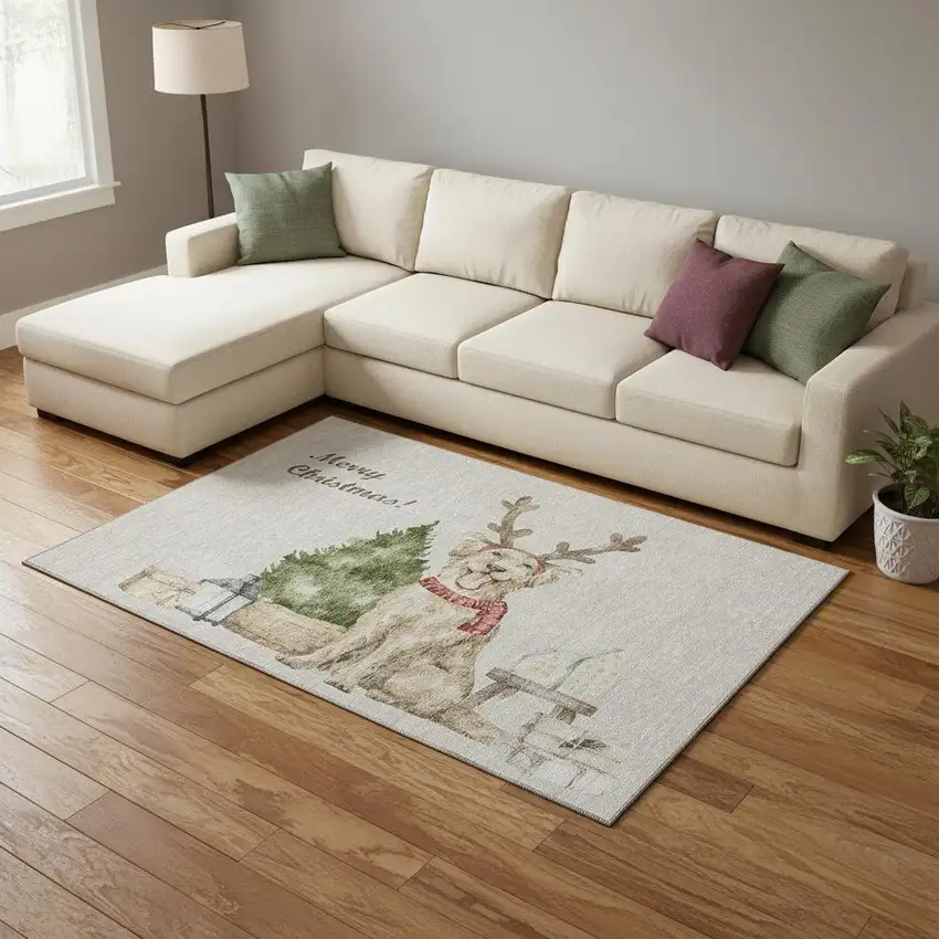 Taupe Green And Gray Animal Print Washable Area Rug With UV Protection Photo 1