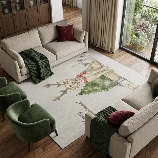 Taupe Green And Gray Christmas Dog Washable Area Rug With UV Protection Photo 1