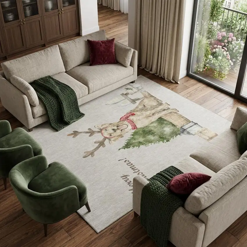 Taupe Green And Gray Christmas Dog Washable Area Rug With UV Protection Photo 1