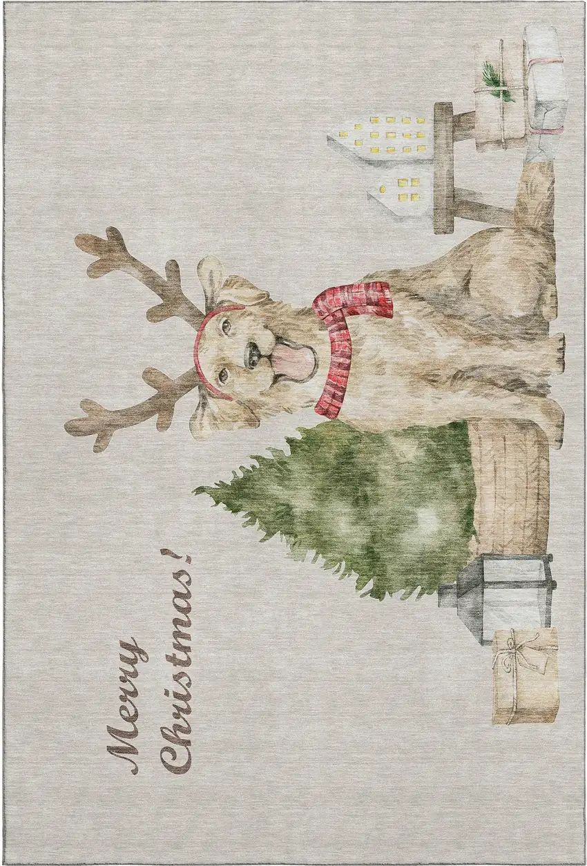 Taupe Green And Gray Animal Print Washable Area Rug With UV Protection Photo 2