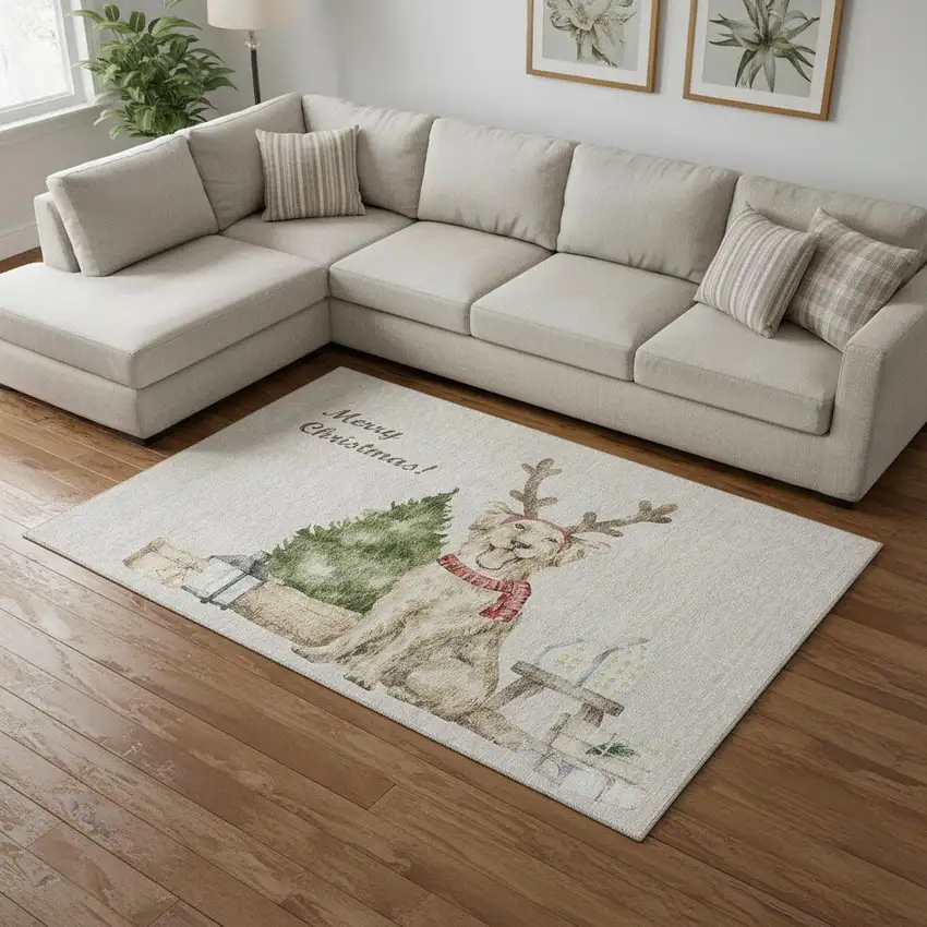 Taupe Green And Gray Animal Print Washable Area Rug With UV Protection Photo 1