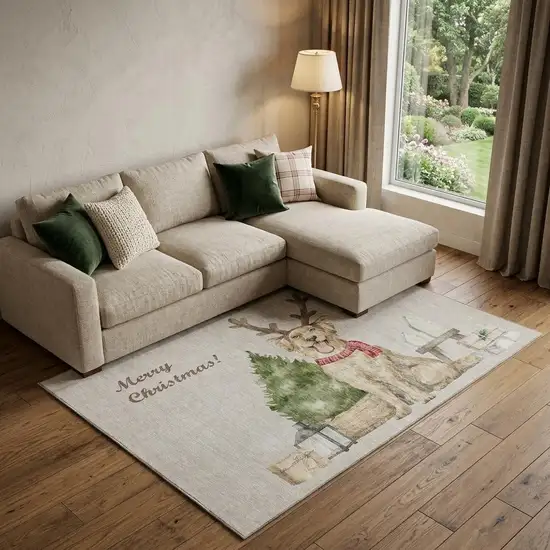 Taupe Green And Gray Christmas Dog Washable Area Rug With UV Protection Photo 1