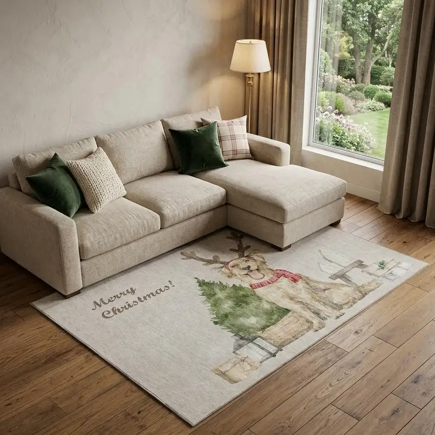 Taupe Green And Gray Christmas Dog Washable Area Rug With UV Protection Photo 1