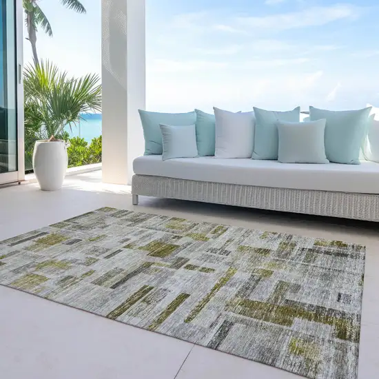 Taupe Green And Gray Striped Washable Indoor Outdoor Area Rug Photo 7