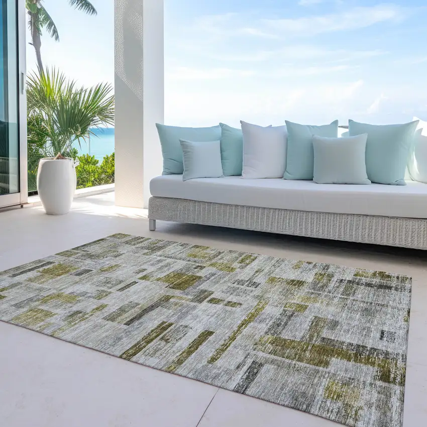 Taupe Green And Gray Striped Washable Indoor Outdoor Area Rug Photo 7