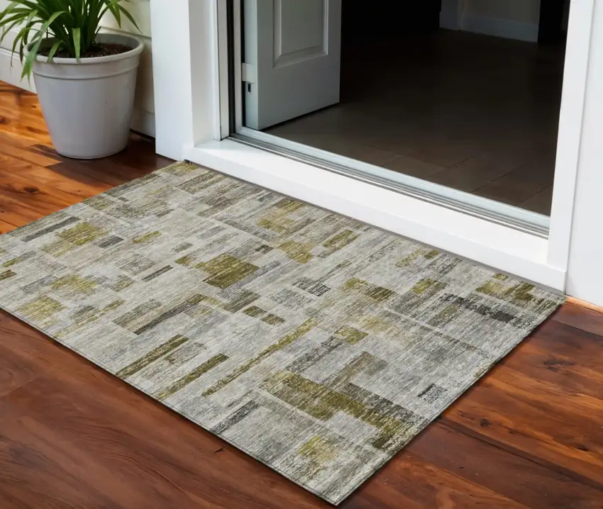 Taupe Green And Gray Striped Washable Indoor Outdoor Area Rug Photo 1