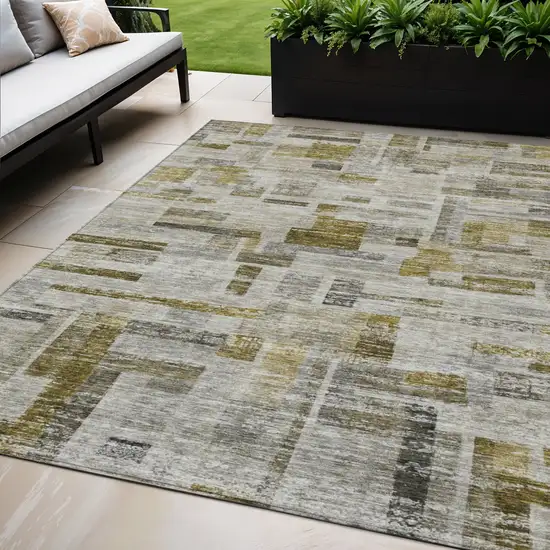 Taupe Green And Gray Striped Washable Indoor Outdoor Area Rug Photo 1