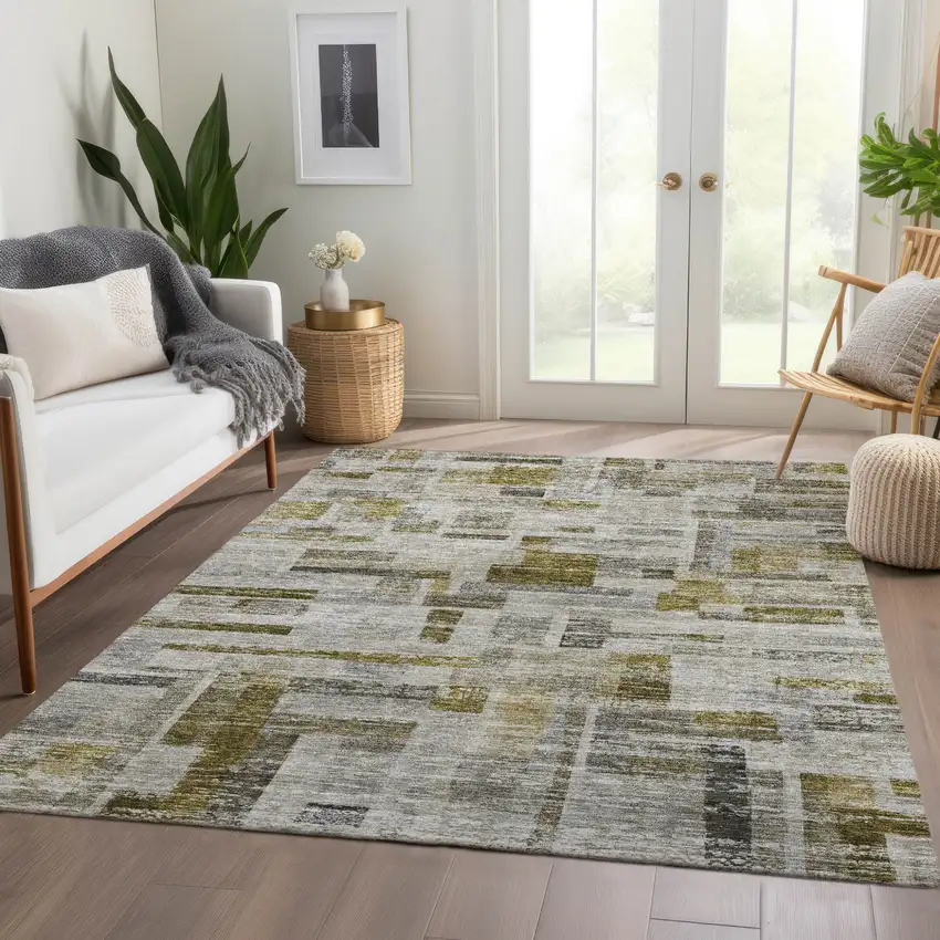 Taupe Green And Gray Striped Washable Indoor Outdoor Area Rug Photo 9