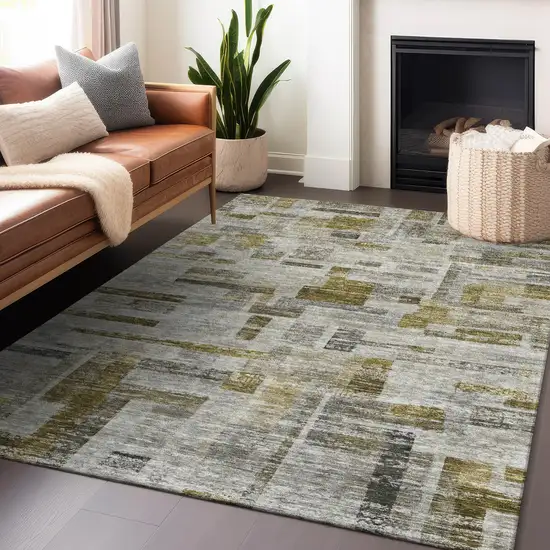 Taupe Green And Gray Striped Washable Indoor Outdoor Area Rug Photo 8