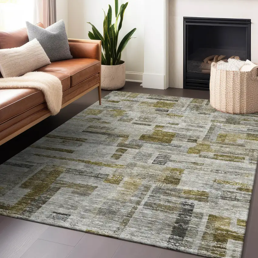 Taupe Green And Gray Striped Washable Indoor Outdoor Area Rug Photo 8