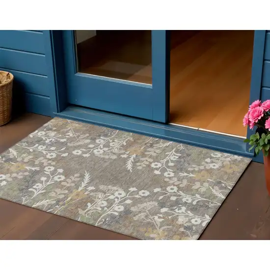 Taupe Green And Ivory Floral Washable Indoor Outdoor Area Rug Photo 1