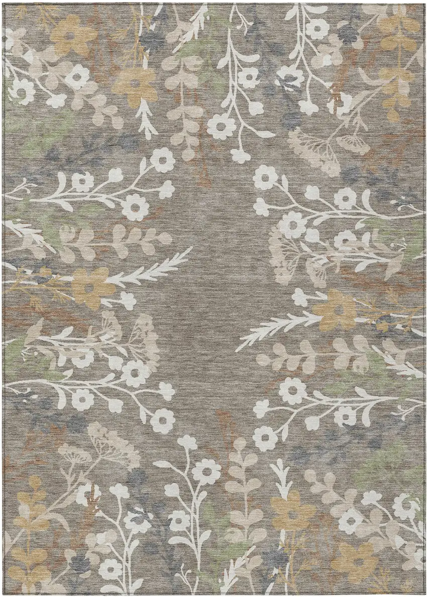 Taupe Green And Ivory Floral Washable Indoor Outdoor Area Rug Photo 2