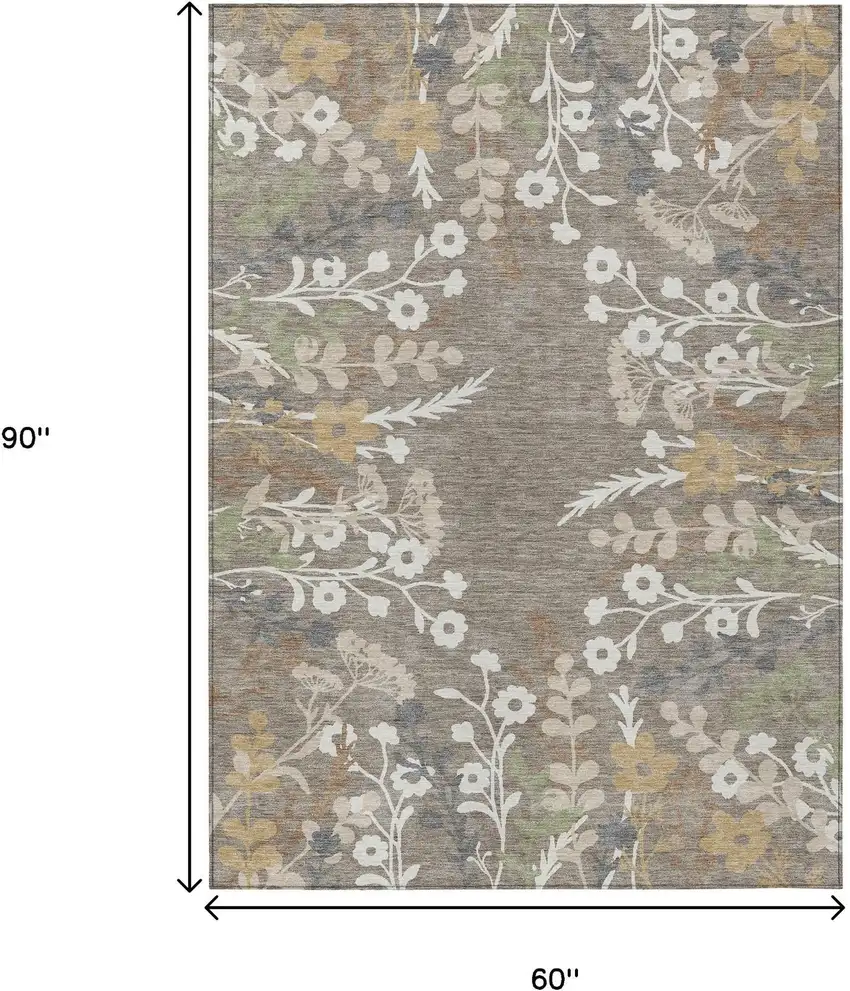Taupe Green And Ivory Floral Washable Indoor Outdoor Area Rug Photo 3