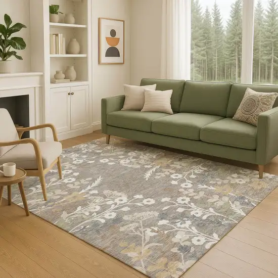 Taupe Green And Ivory Floral Washable Indoor Outdoor Area Rug Photo 9
