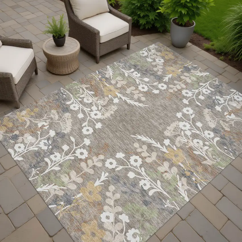 Taupe Green And Ivory Floral Washable Indoor Outdoor Area Rug Photo 8