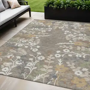 Photo of Taupe Green And Ivory Floral Washable Indoor Outdoor Area Rug