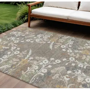 Photo of Taupe Green And Ivory Floral Washable Indoor Outdoor Area Rug