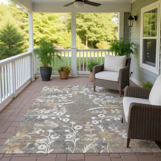 Taupe Green And Ivory Floral Washable Indoor Outdoor Area Rug Photo 9