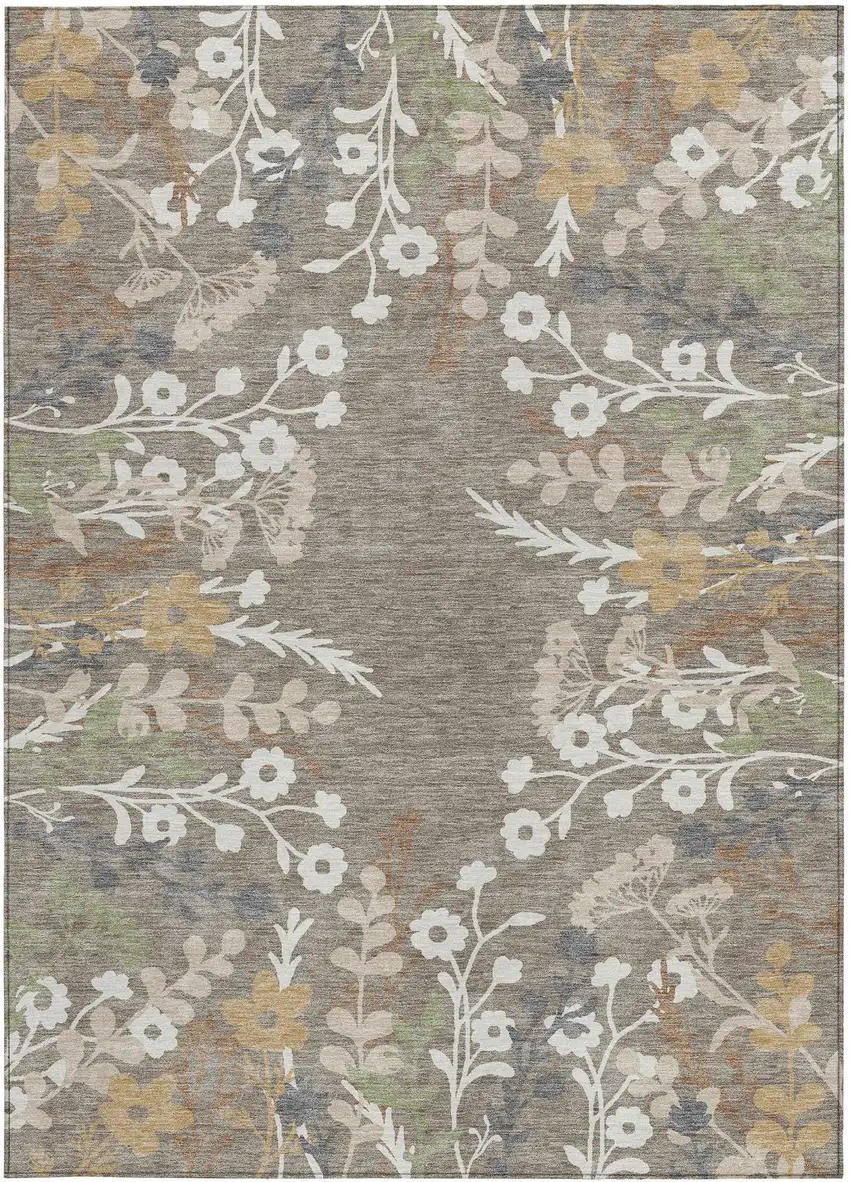 Taupe Green And Ivory Floral Washable Indoor Outdoor Area Rug Photo 4