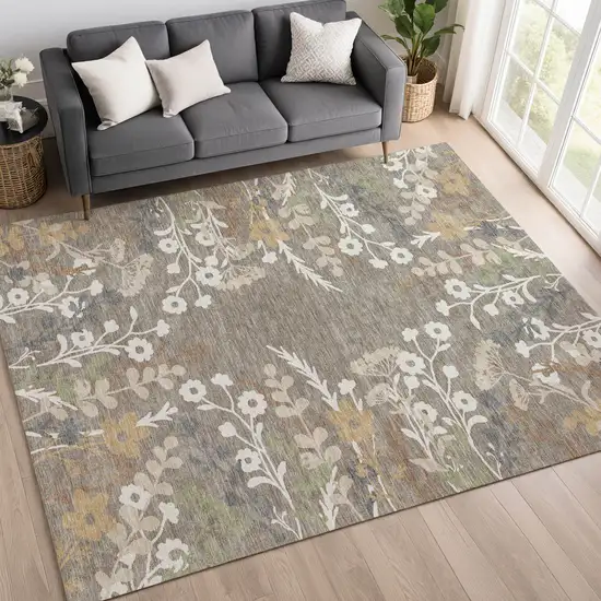 Taupe Green And Ivory Floral Washable Indoor Outdoor Area Rug Photo 9