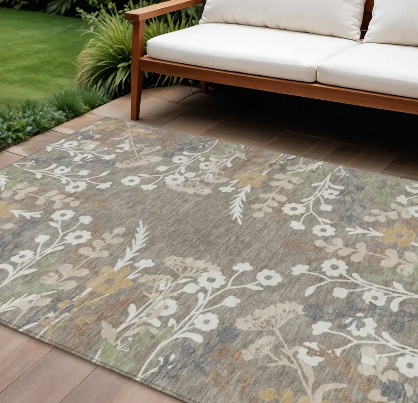 Taupe Green And Ivory Floral Washable Indoor Outdoor Area Rug Photo 1