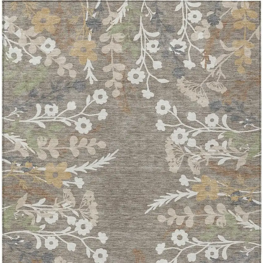 Taupe Green And Ivory Floral Washable Indoor Outdoor Area Rug Photo 4