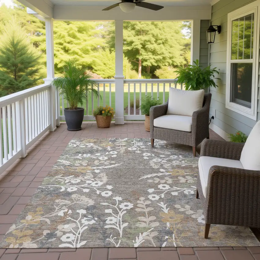 Taupe Green And Ivory Floral Washable Indoor Outdoor Area Rug Photo 9