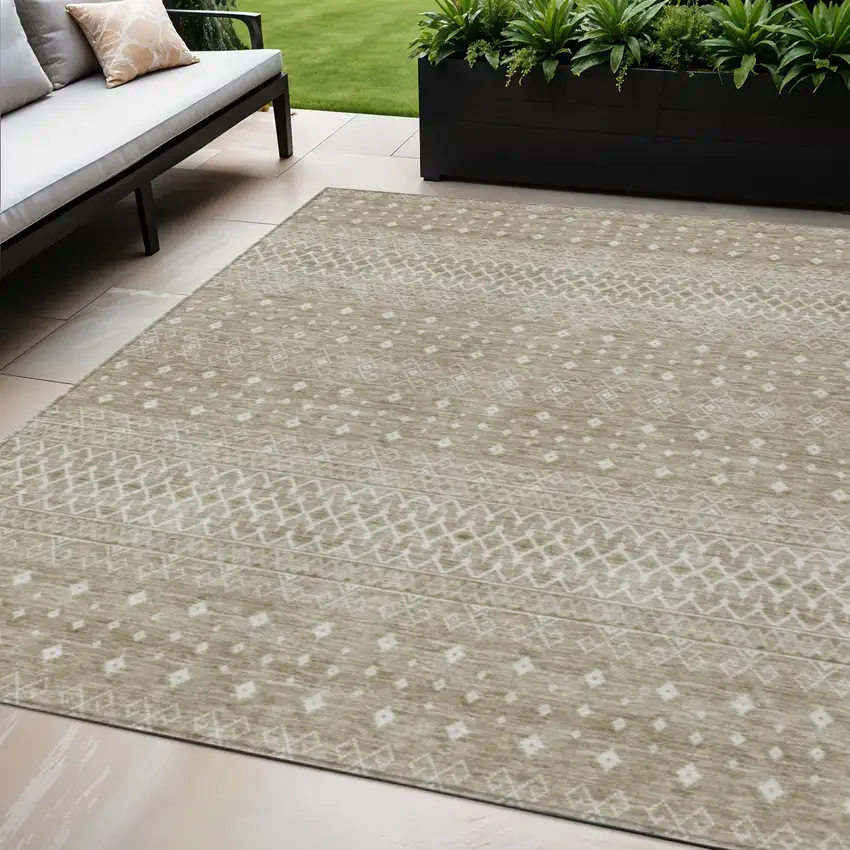 Taupe Green And Ivory Tribal Washable Indoor Outdoor Area Rug Photo 1