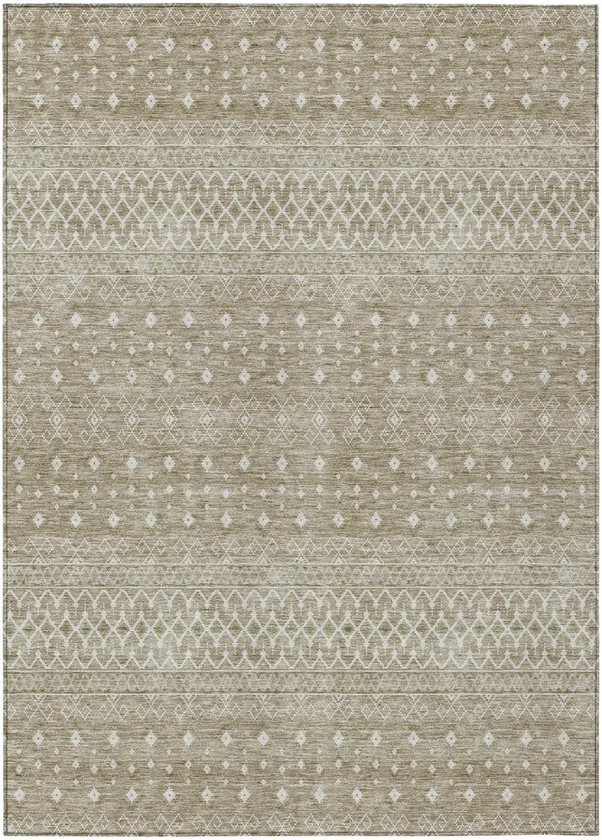 Taupe Green And Ivory Tribal Washable Indoor Outdoor Area Rug Photo 1
