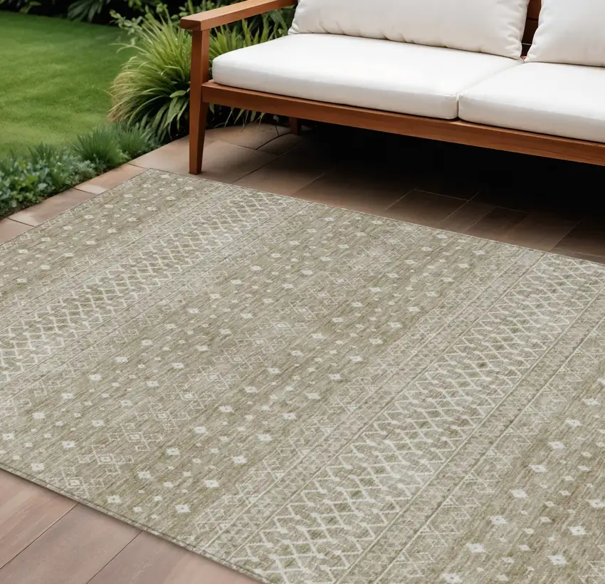 Taupe Green And Ivory Tribal Washable Indoor Outdoor Area Rug Photo 1