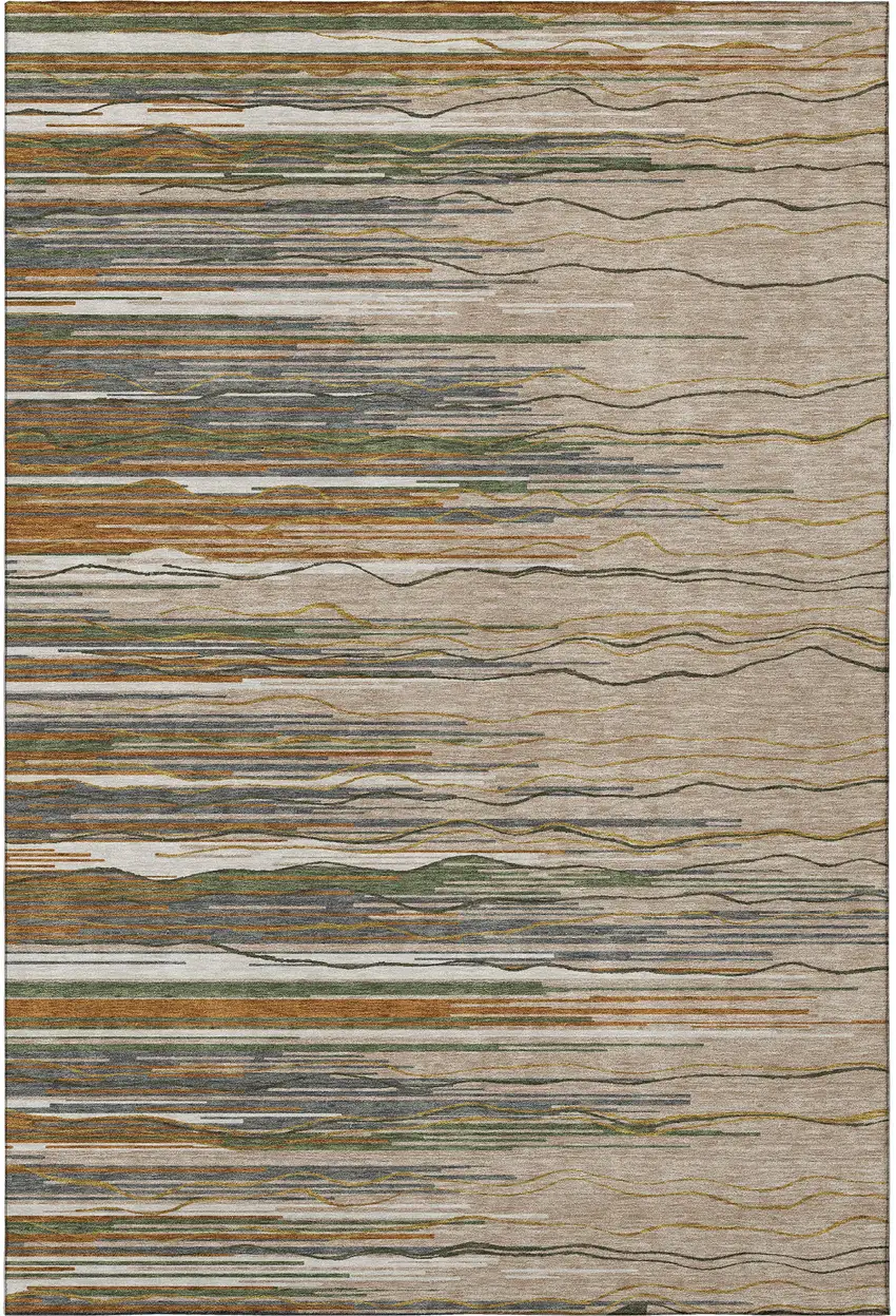 Taupe Green And Rust Striped Washable Area Rug With UV Protection Photo 3